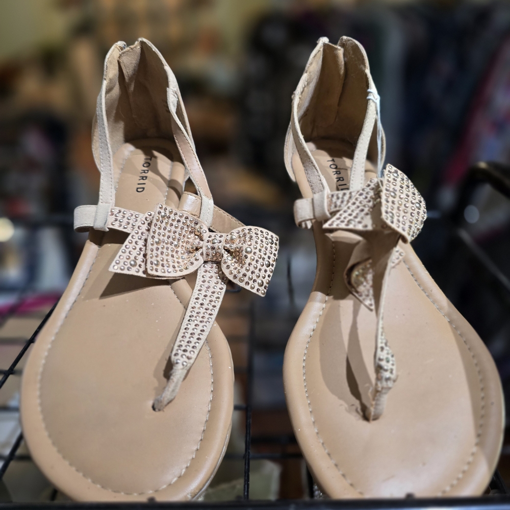 Torrid Beige Sandals with Rhinestone Bow